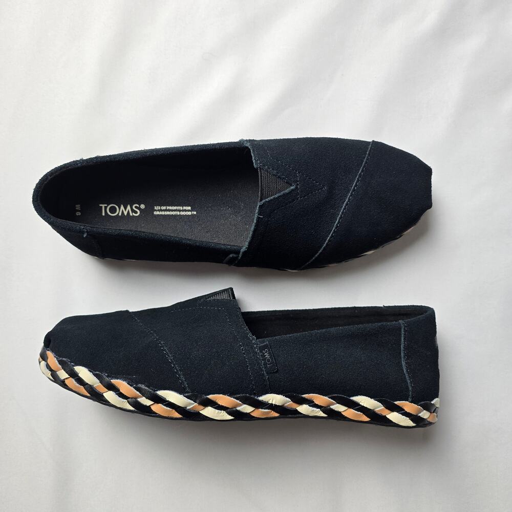 TOMS Womens Alpargata Black Suede & Leather Wrap Slip On Loafer